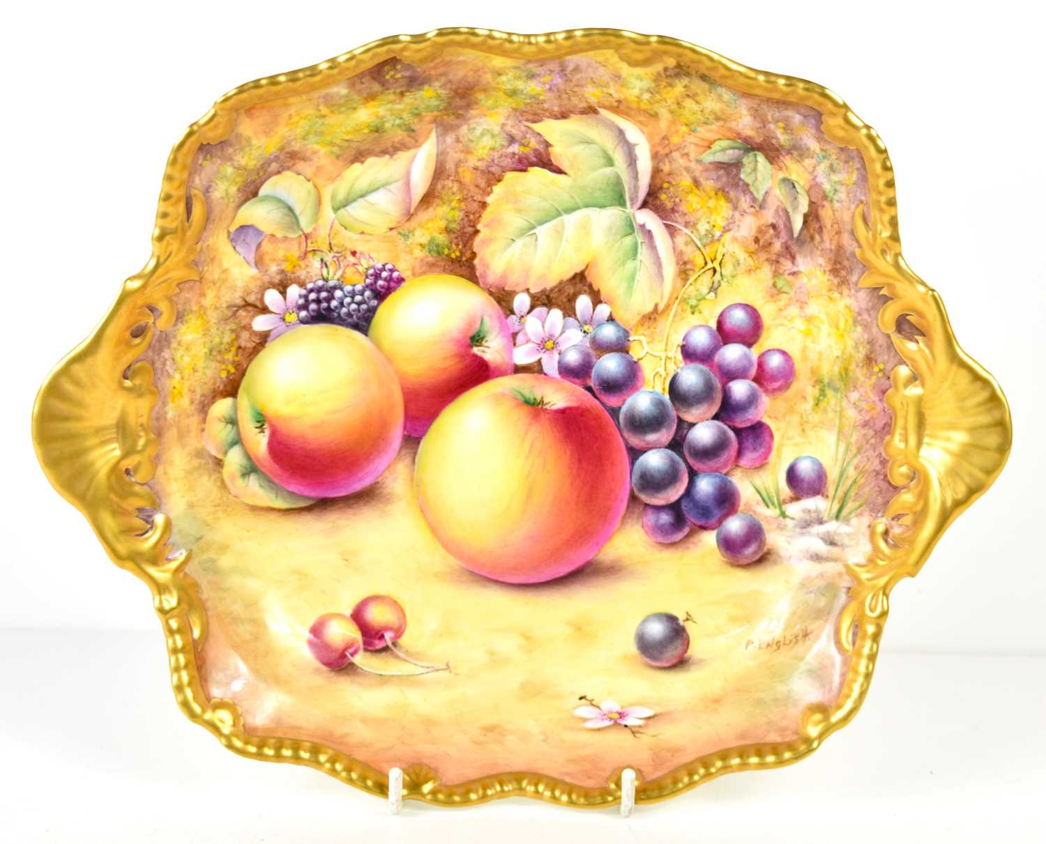 A Royal Worcester Twin Handled Porcelain Dish, by Paul English, hand-painted with apples,