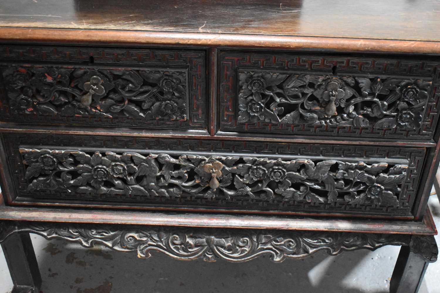 A 19th century Chinese hardwood cabinet on stand, the two over one long drawer carved with - Image 2 of 2