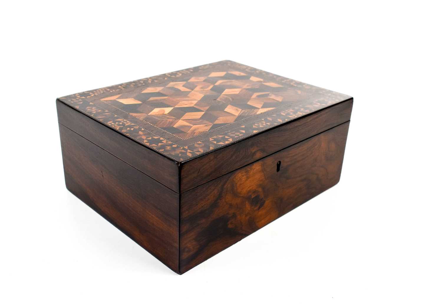 A 19th century rosewood Tunbridge ware work box, the lid with tumbling block design of specimen