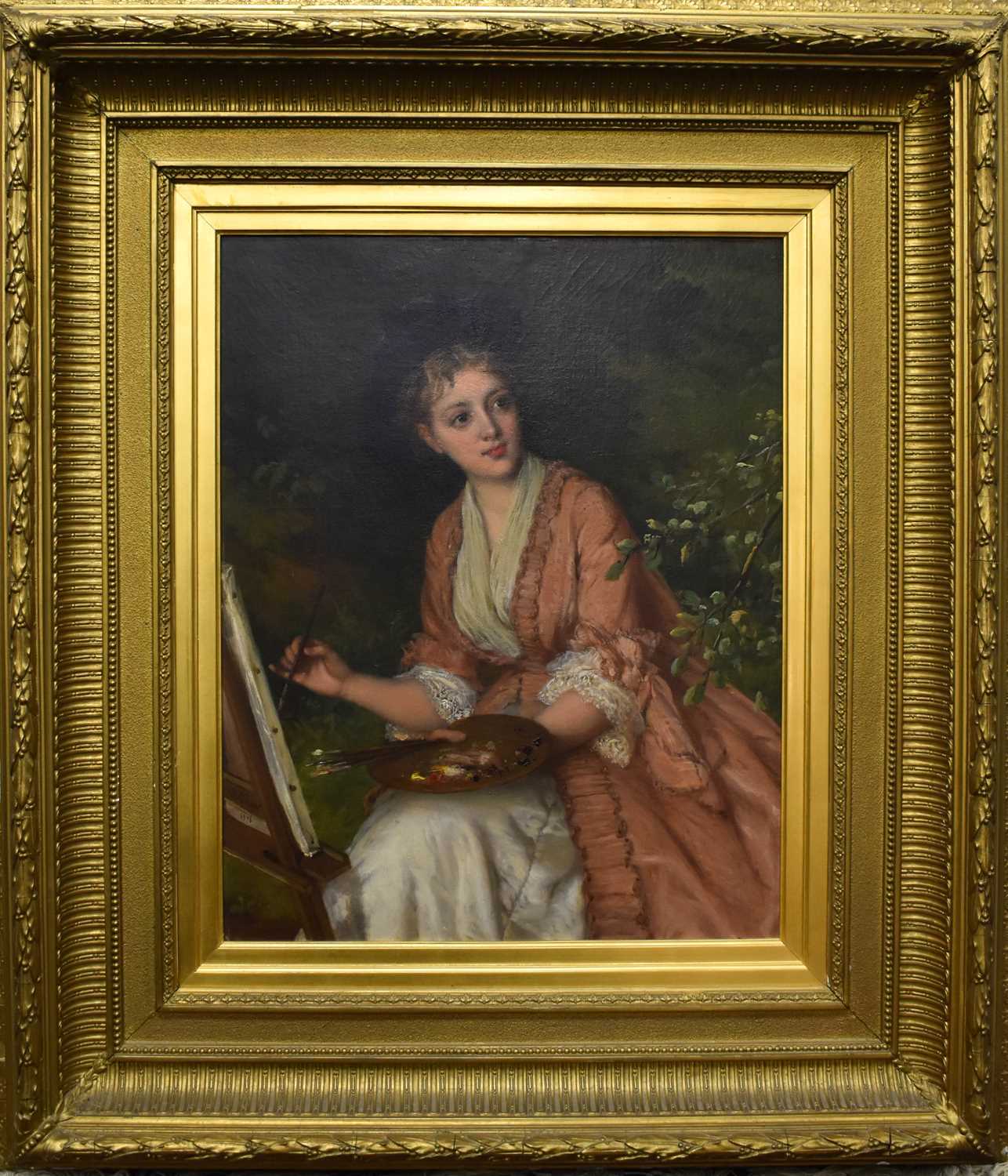 William Oliver (1803 -1901): portrait of a seated lady holding a paint palette, and painting a - Image 7 of 7