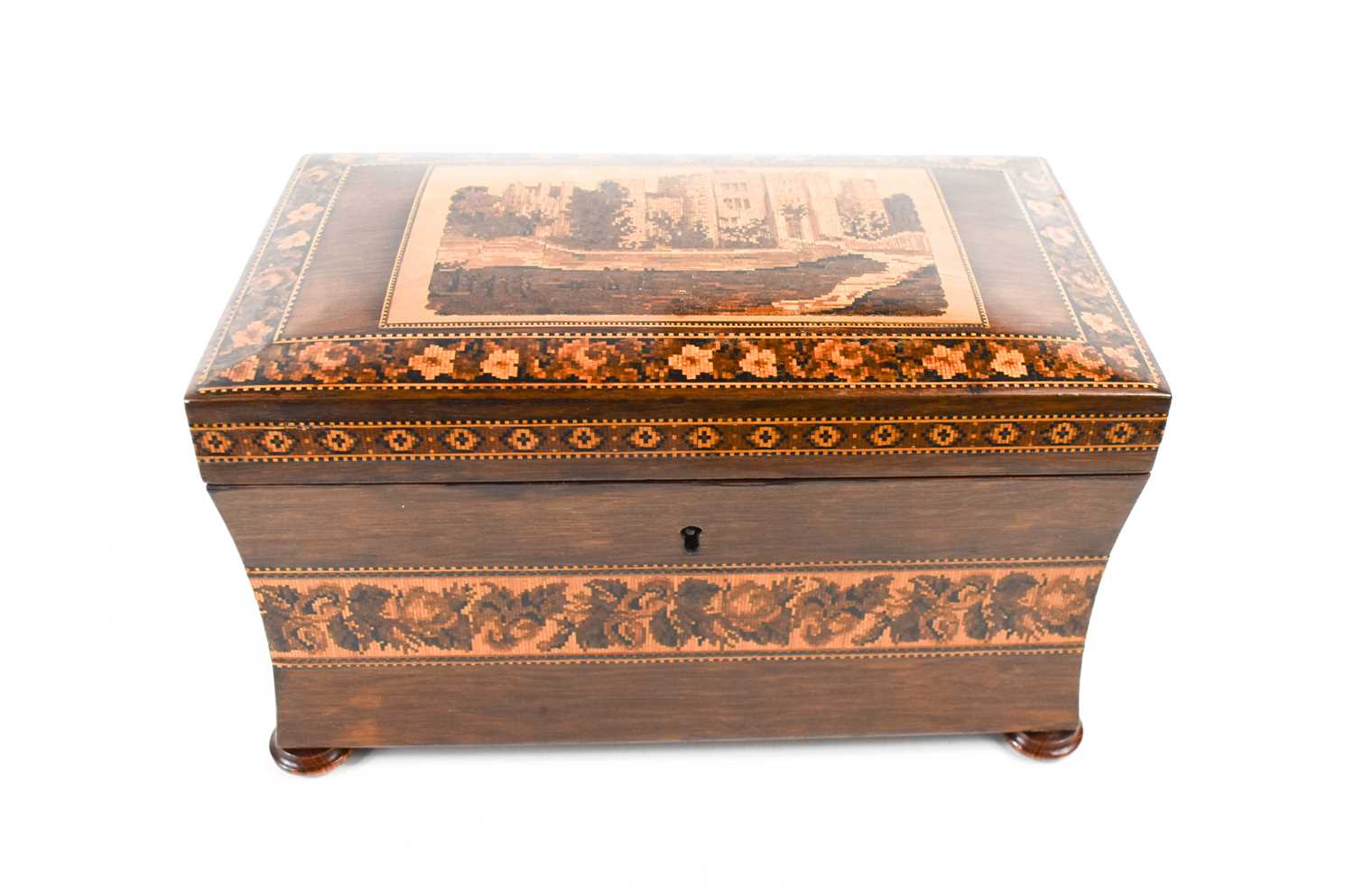 A 19th century Tunbridge Ware tea caddy, likely made by Henry Hollamby, the slightly concave sides - Image 3 of 10