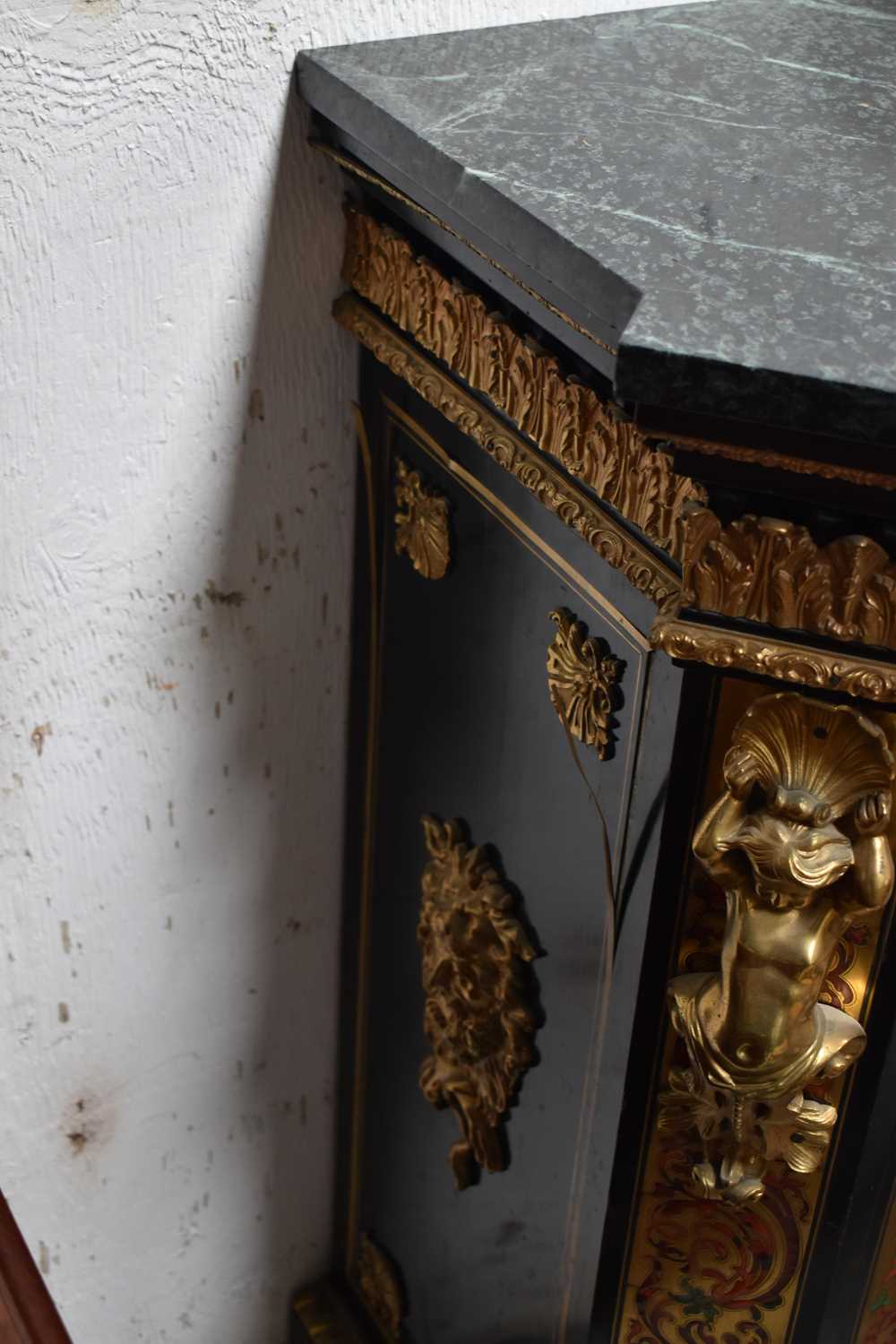 A 19th century style French boulework cabinet, having shaped serpentine marble top, to ebony cabinet - Image 2 of 14