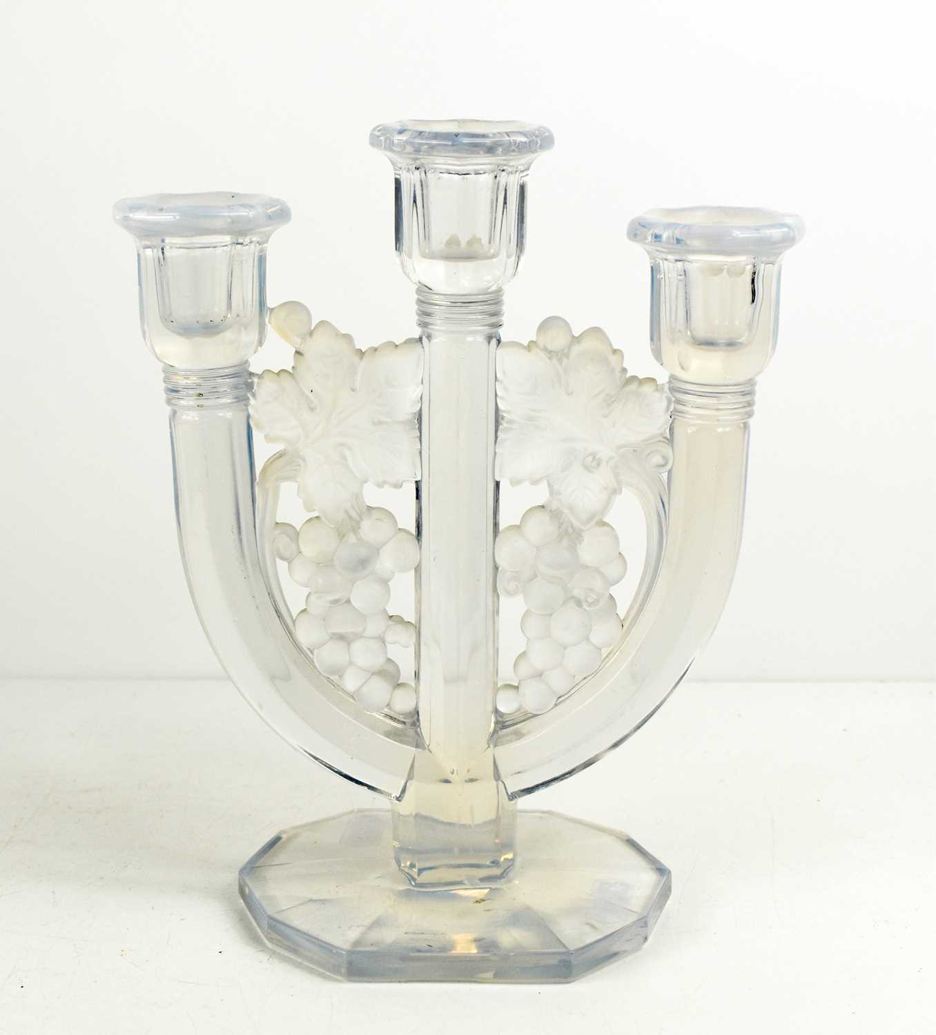 A Lalique style pressed glass candelabra, the three branches united by grape and vine decoration, - Image 2 of 2