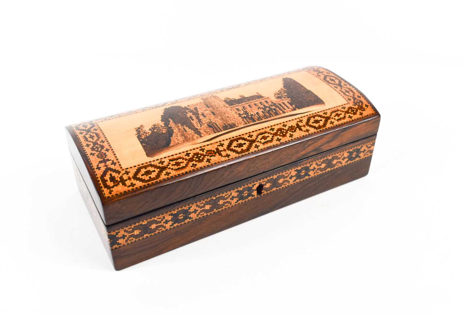 A 19th century Tonbridge ware rosewood glove box, the domed lid depicting a view of Tonbridge - Image 3 of 4