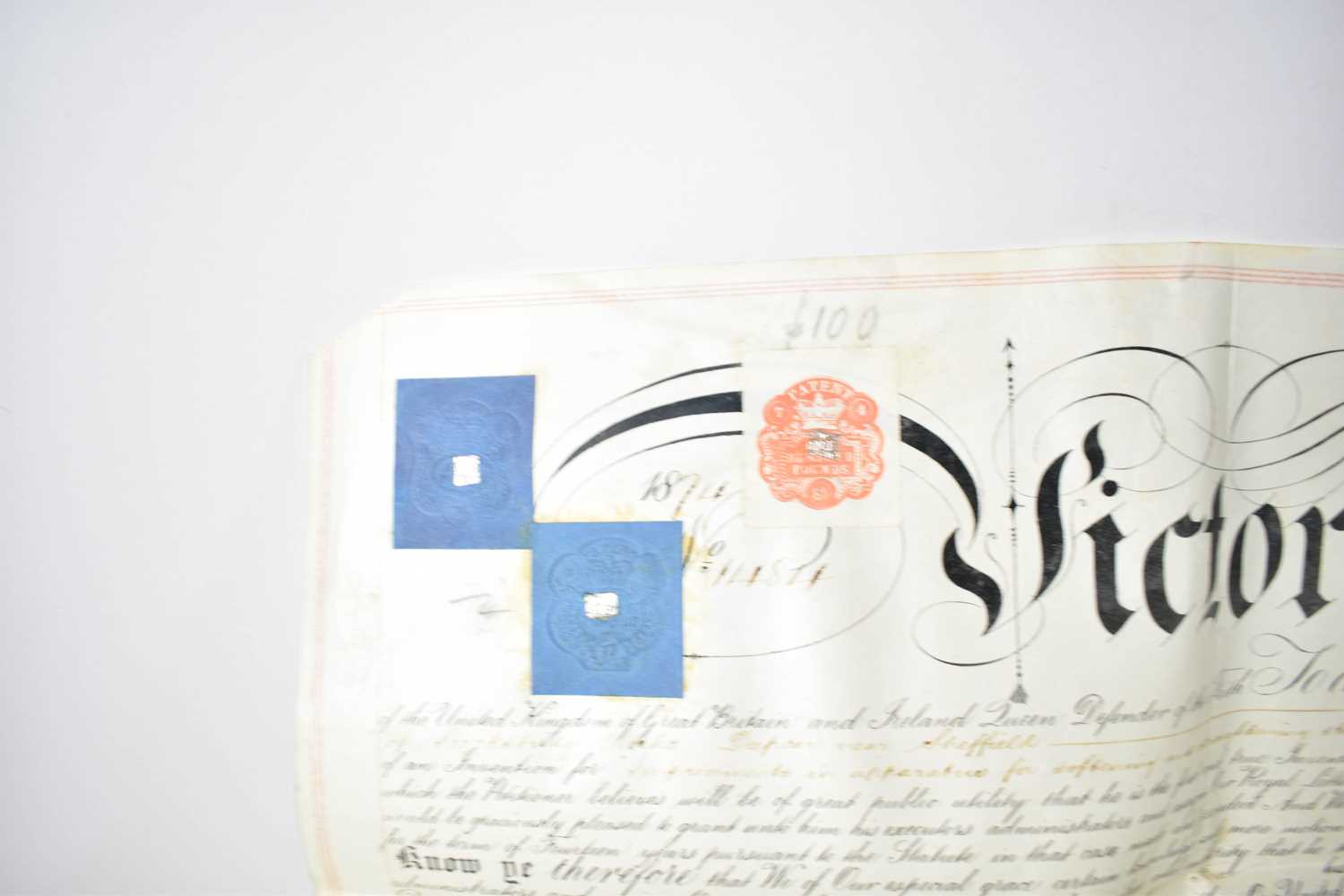 A Royal Warrant of Patent, hand written on vellum and granted to Samuel Fox of The Stocksbridge - Image 2 of 8