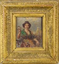 A 19th century oil on board, depicting a woman in green wearing a hat and holding a posy of flowers,