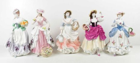 A group of five Coalport fine bone China limited edition figurines: Milkmaid, Strawberries Scarlet