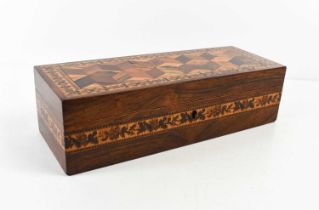 A 19th century Tonbridge ware rosewood glove box, the lid with tumbling block pattern inlaid with
