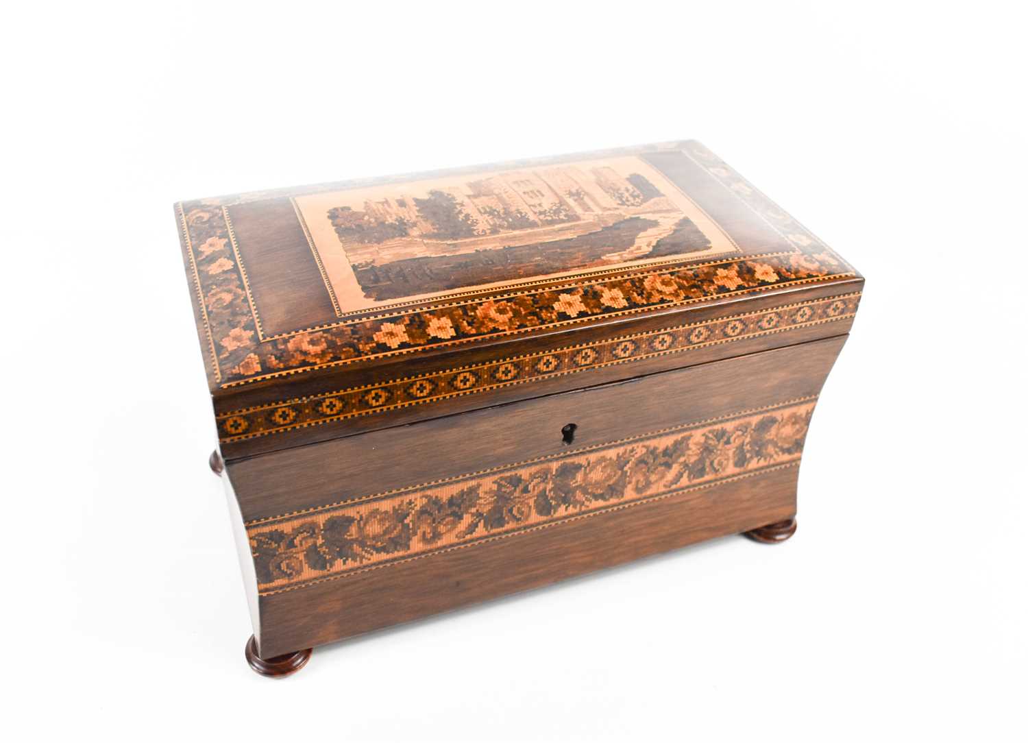 A 19th century Tunbridge Ware tea caddy, likely made by Henry Hollamby, the slightly concave sides - Image 9 of 10