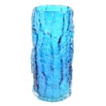 Geoffrey Baxter for Whitefriars, a Kingfisher blue textured cylindrical 'bark' vase, pattern