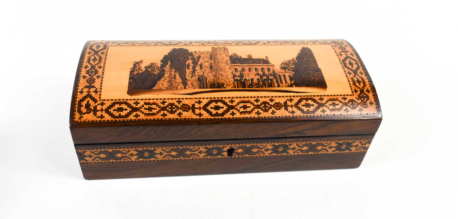 A 19th century Tonbridge ware rosewood glove box, the domed lid depicting a view of Tonbridge - Image 2 of 4
