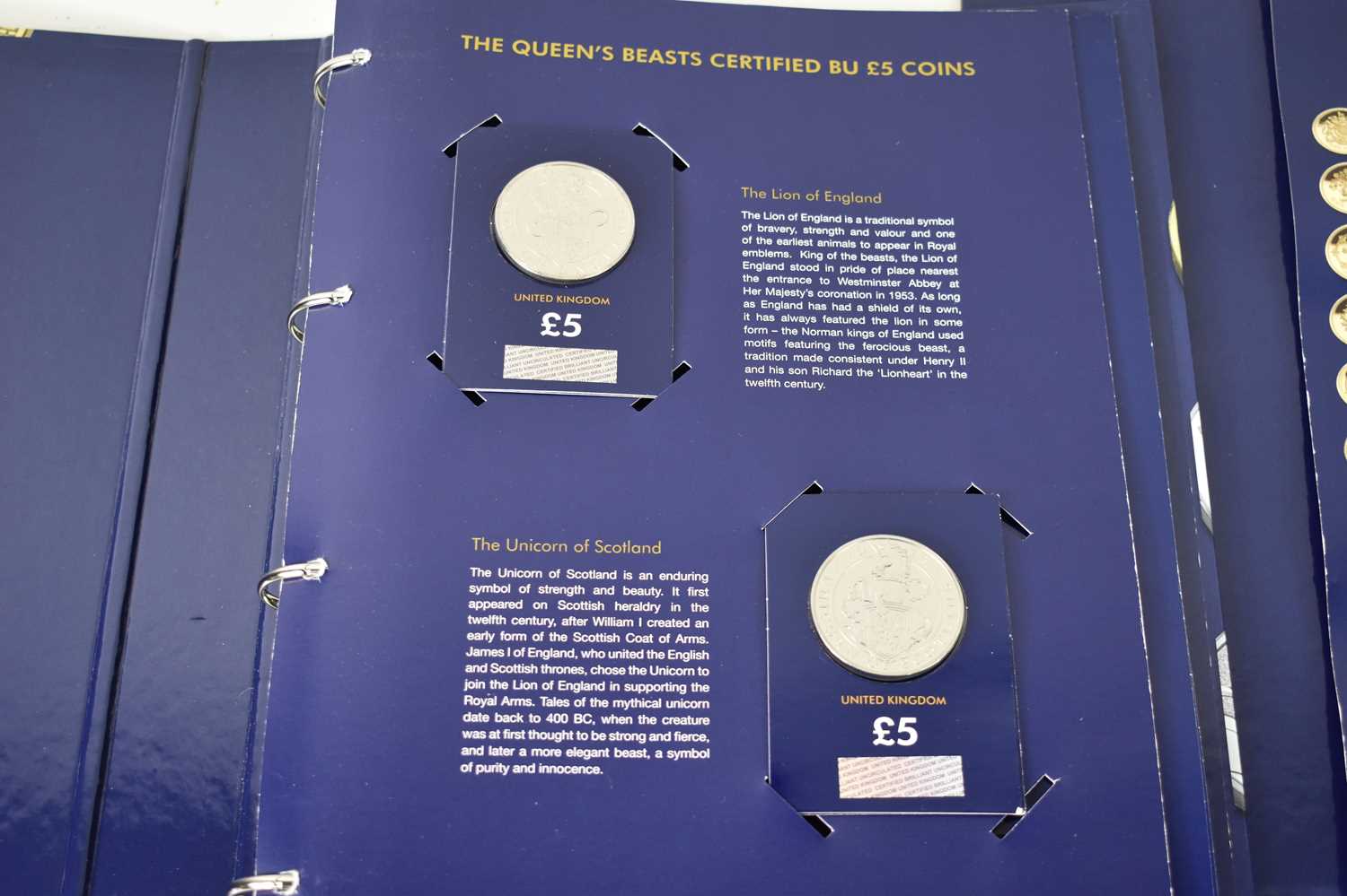 Three change checker albums containing 10p, one pounds, 50p and The Queen's Beasts certified BU £5 - Image 3 of 3