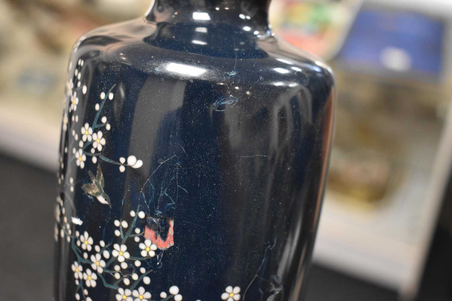 A pair of Art Deco cloisonne vases, of baluster form, the dark blue ground decorated with birds, - Image 6 of 14