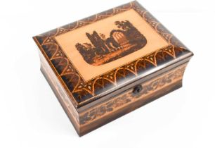 A 19th century rosewood Tunbridge ware jewellery work box, the lid depicting view of Muckross Abbey,