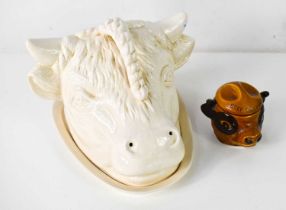 A creamware bull's head cheese dome and plate, with plaited mane handle, together with a Szeiler