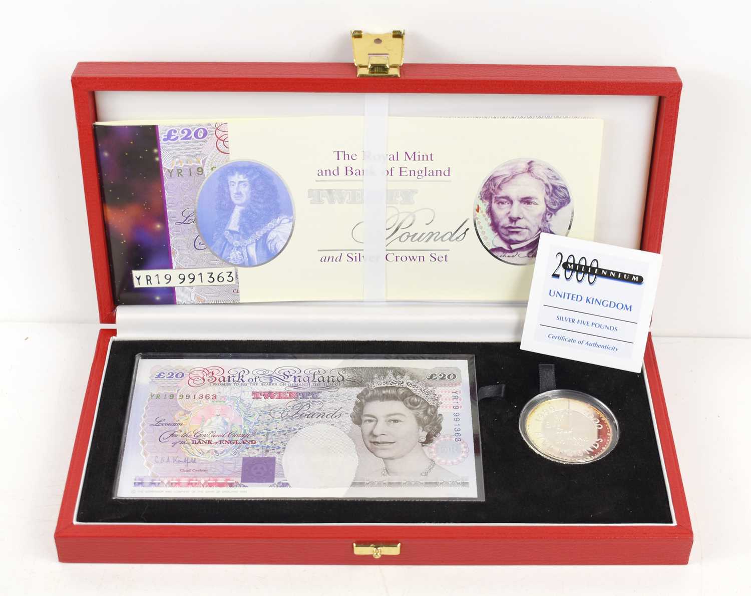 The Royal Mind and Bank of England twenty pounds and silver crown set. limited edition, with