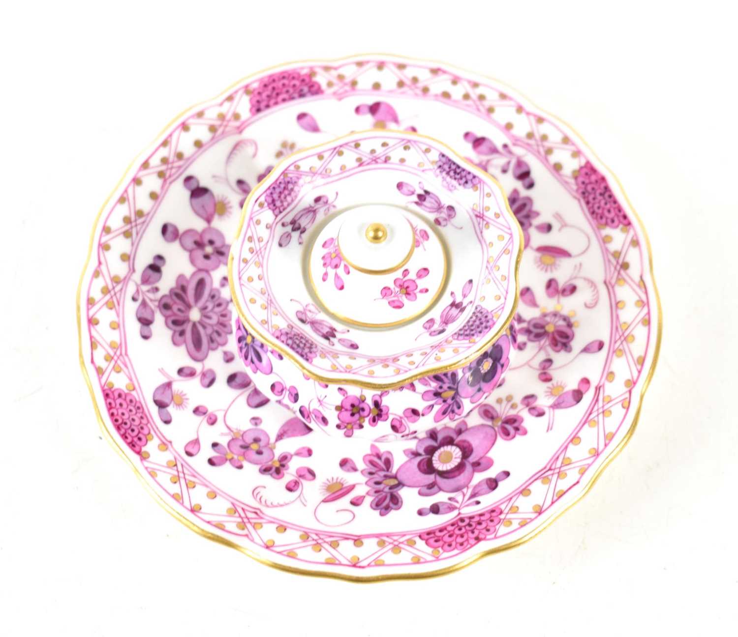 A Meissen lidded pot and saucer, decorated in a detailed purple floral pattern with gilding to the - Image 4 of 4