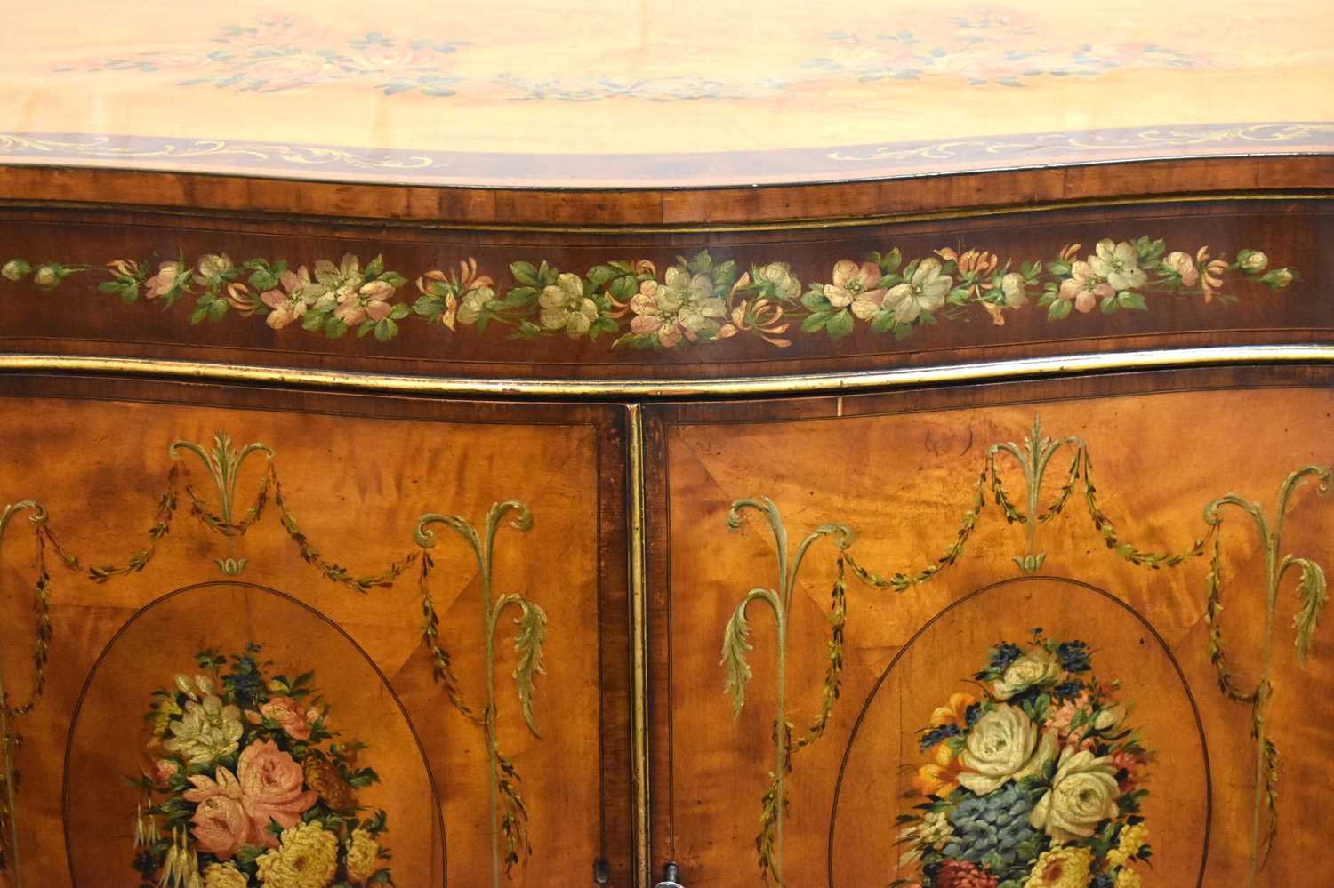 A fine George III satinwood and mahogany serpentine sideboard, hand painted with floral garlands and - Image 3 of 4