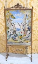 A late 19th century embroidered firescreen, the painted ground embroidered and appliqued in detail