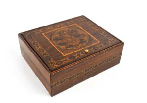 A Georgian early 19th century rosewood Tunbridge ware cigar box, with the hinged lid having a floral