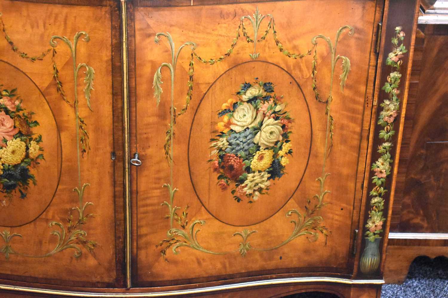 A fine George III satinwood and mahogany serpentine sideboard, hand painted with floral garlands and - Image 4 of 4
