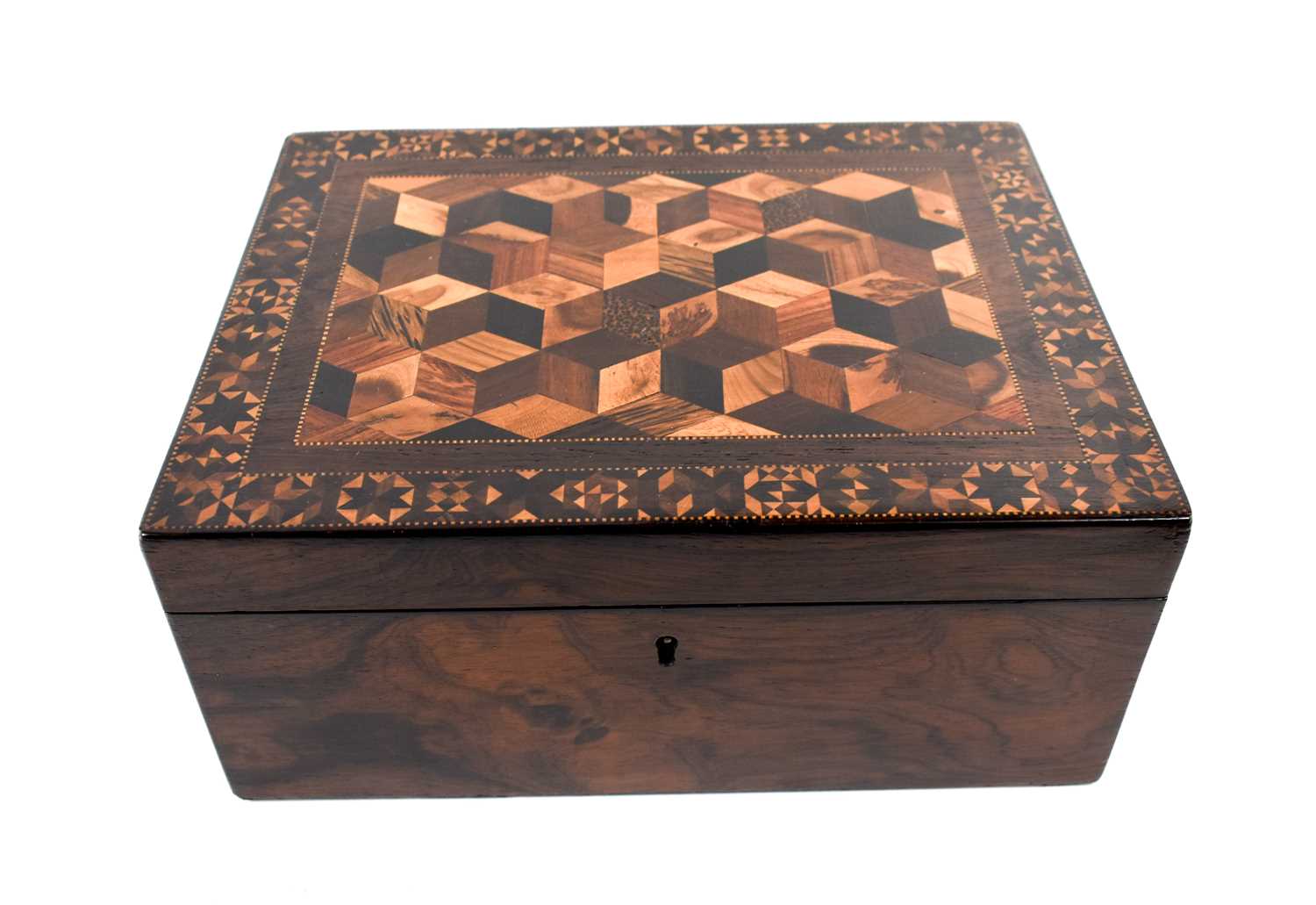 A 19th century rosewood Tunbridge ware work box, the lid with tumbling block design of specimen - Image 2 of 5