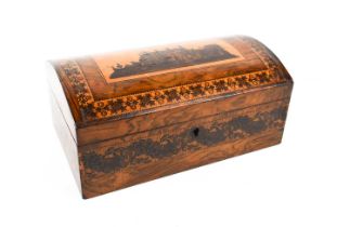 A Georgian early 19th century rosewood Tunbridge ware dome top box, depicting a view of Buckhurst