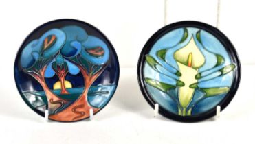 Two Moorcroft pin dishes, Calla design by Emma Bossons, 2002 and the other designed by Rachel