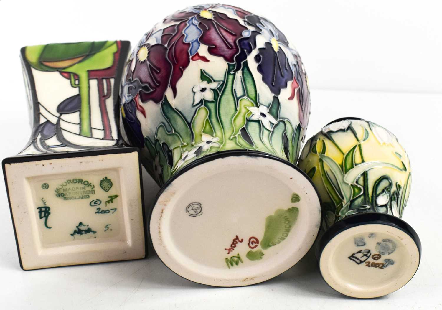 A group of Moorcroft pottery: an Emma Bossons vase dated 2007, a Rachel Bishop snowdrop pattern vase - Image 2 of 2