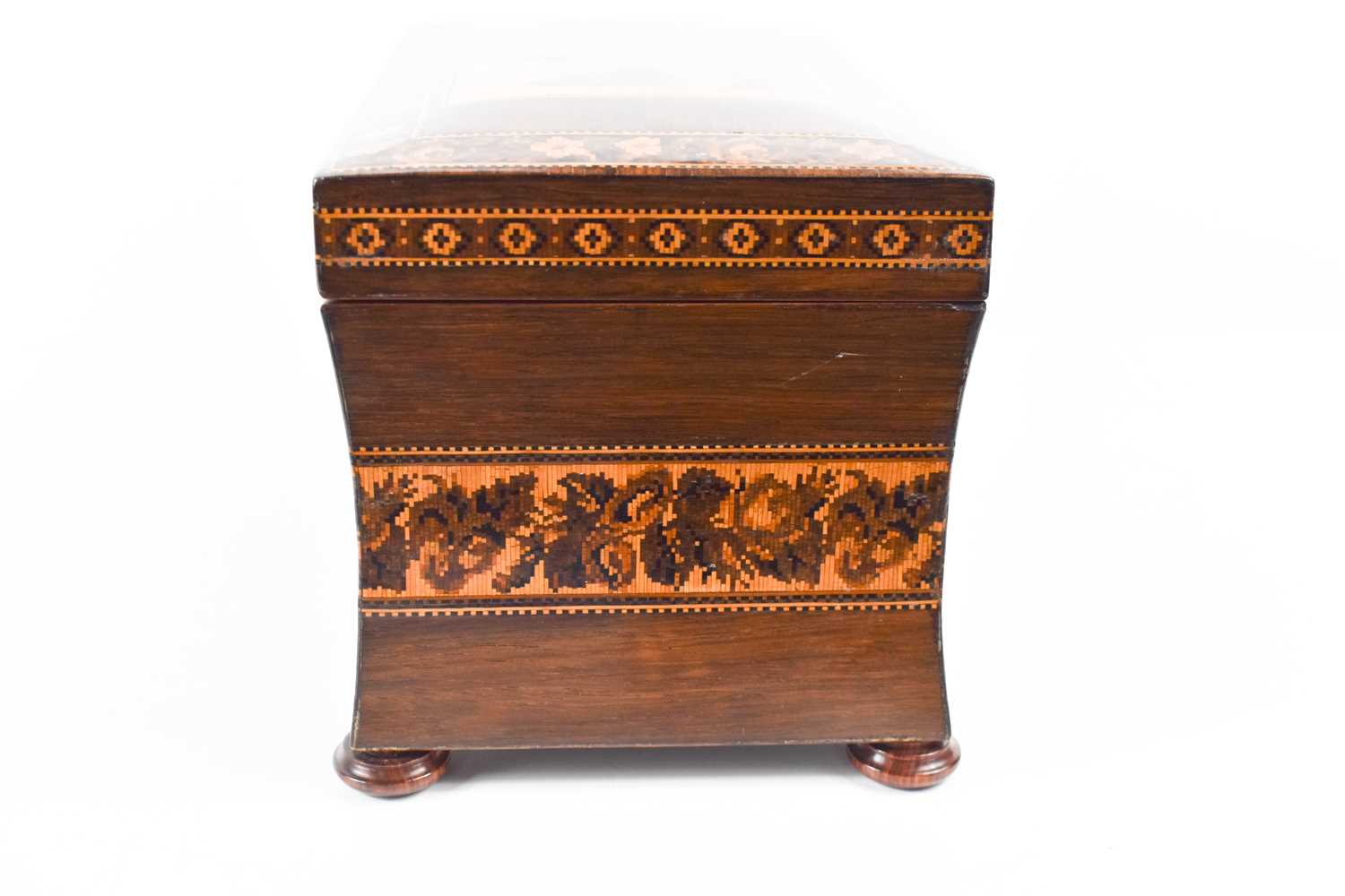 A 19th century Tunbridge Ware tea caddy, likely made by Henry Hollamby, the slightly concave sides - Image 5 of 10