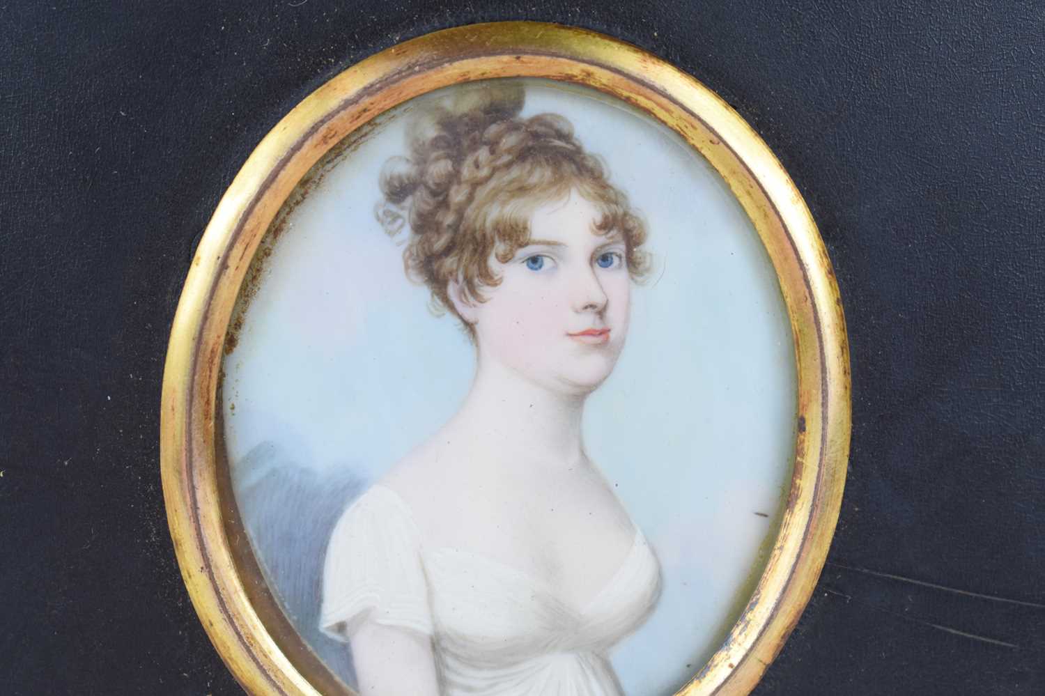 British School: A 19th century portrait miniature of a young woman in a white dress, watercolour - Image 3 of 3