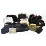 A selection of vintage handbags, including a Jane Shilton patent leather handbag with bead clasp,