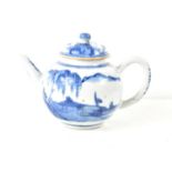 A 19th century Chinese blue and white porcelain teapot decorated with a village and river scene,