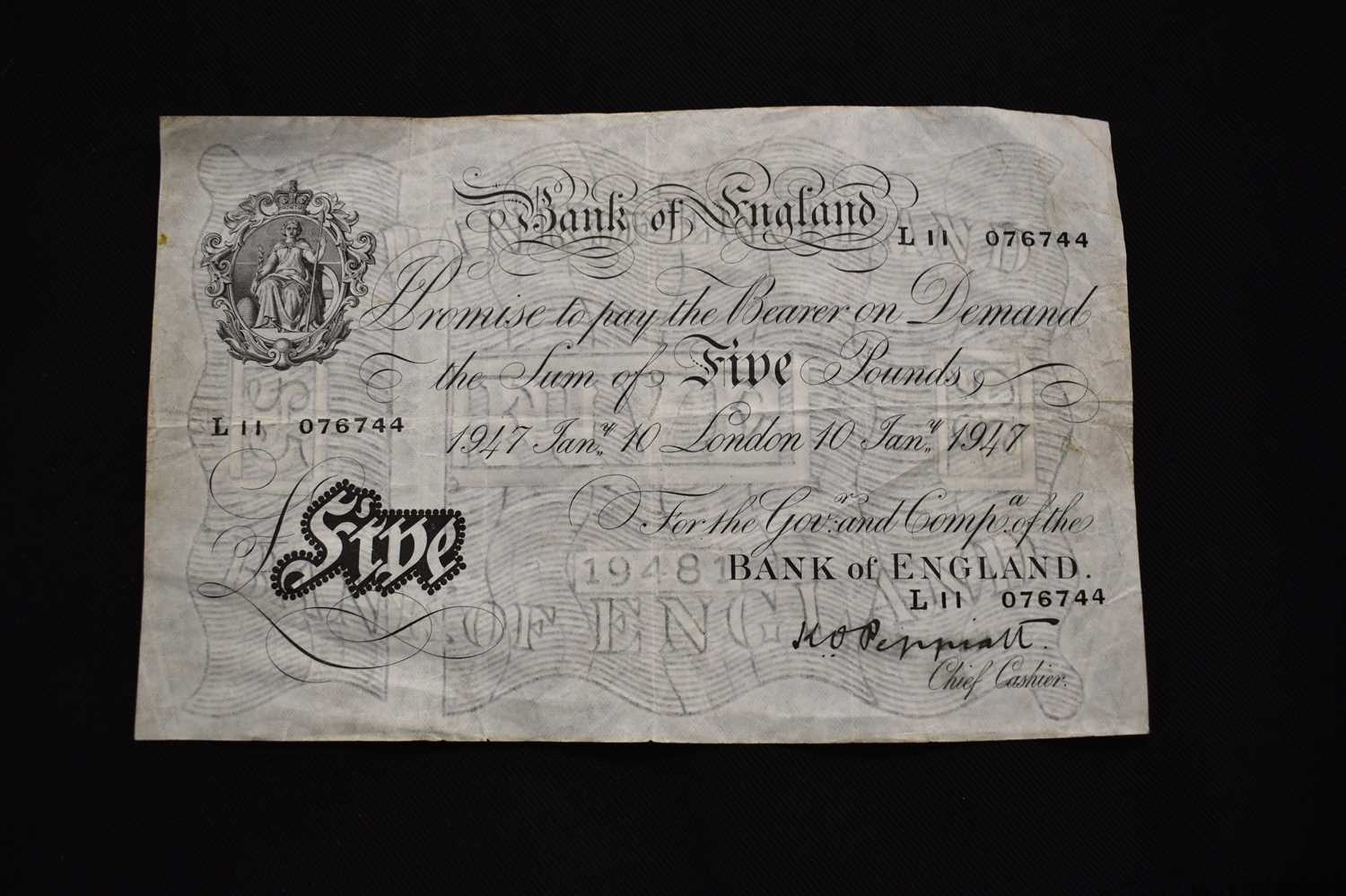 A Bank of England £5 five pound note 1947 Jan'y 10 London, Chief Cashier K O (Kenneth) Peppiatt - Image 2 of 4