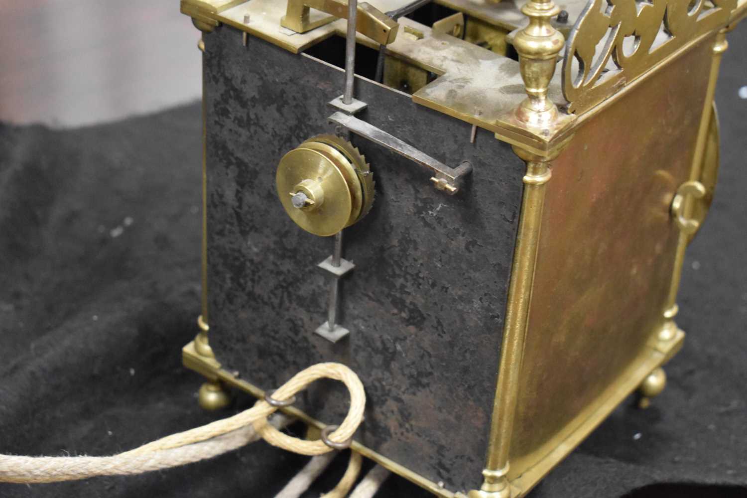 An 18th century Scott of London brass lantern clock, the Roman numeral chapter ring bordering a - Image 9 of 16