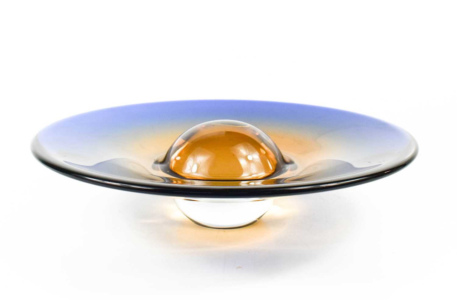 A Murano glass bowl, in blue fading to pale orange and forming a sphere to the centre, 33cm