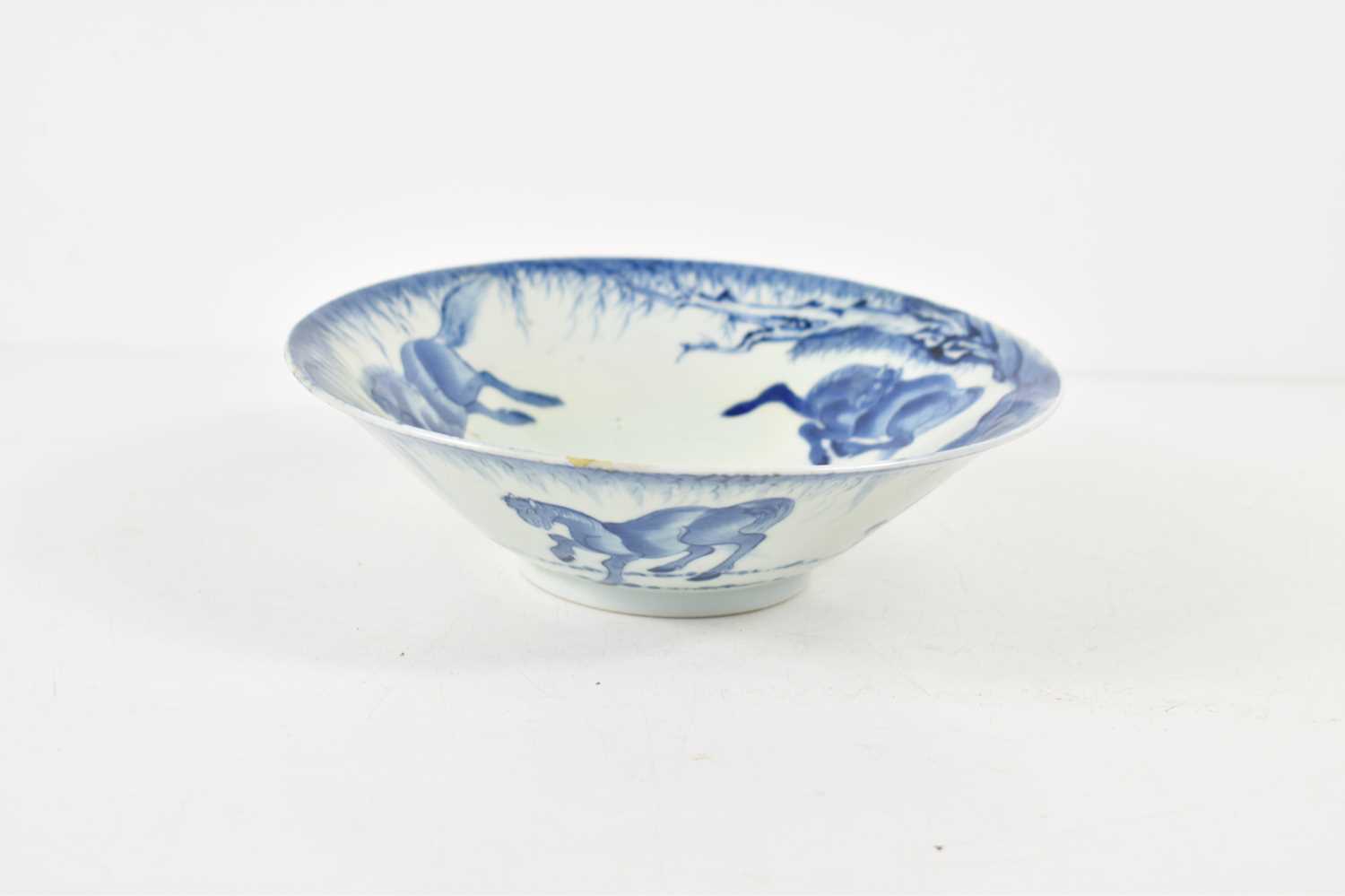 A Chinese blue and white Eight horses of Muwang conical bowl, Qing dynasty, 19.5cm diameter. - Image 5 of 15