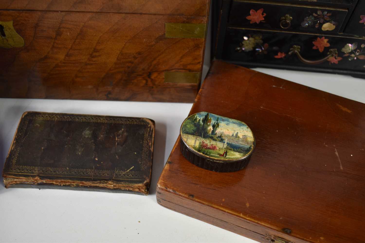 A group of antique boxes, to include a Victorian papier mache snuff box painted with landscape, a - Image 2 of 2