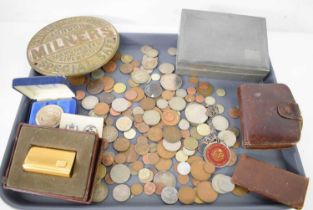 A selection of coins and collectables to include a Duckhams presentation medallion, commemorative