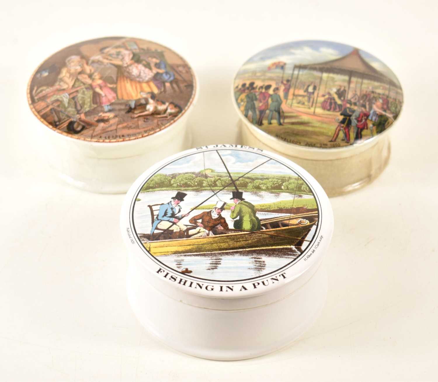 Two 19th century Pratt ware pots and lids, titled "A letter from the Diggings" and "Wimbledon July - Image 2 of 2