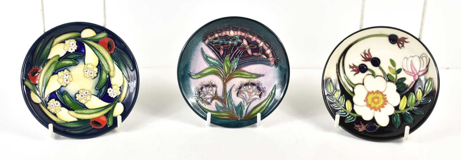 A group of three Moorcroft pin dishes, Gypsy design by Rachel Bishop, Ankerwycke Yew by Emma Bossons