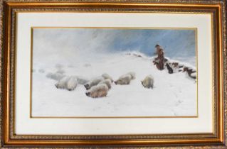 A 20th century oil on board, depicting shepherd with his flock in a snowy landscape, indistinct