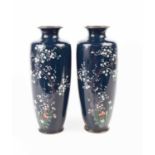 A pair of Art Deco cloisonne vases, of baluster form, the dark blue ground decorated with birds,