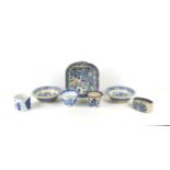 A group of 19th century blue and white willow pattern ceramics, mostly Staffordshire, including a