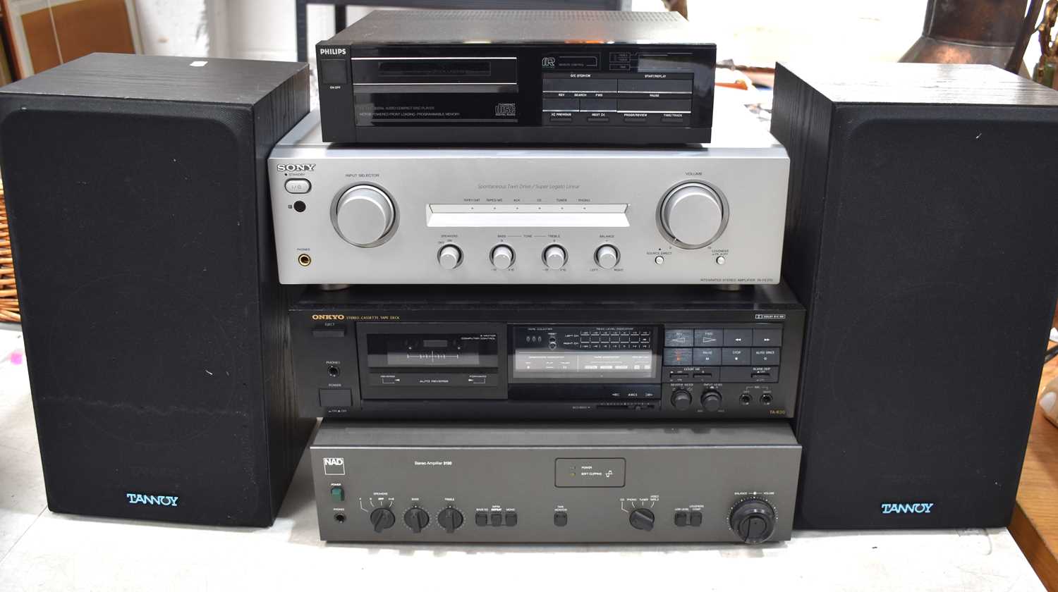 A group of Hi-Fi separates to include a NAD 3130 stereo amplifier, a Sony amplifier, an Onkyo