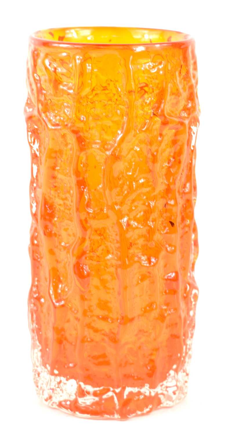 Geoffrey Baxter for Whitefriars, a tangerine coloured cylindrical 'bark' vase, pattern number