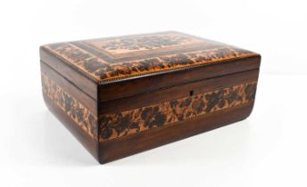 A 19th century rosewood Tunbridge ware box, the raised lid decorated with a mosaic floral group,