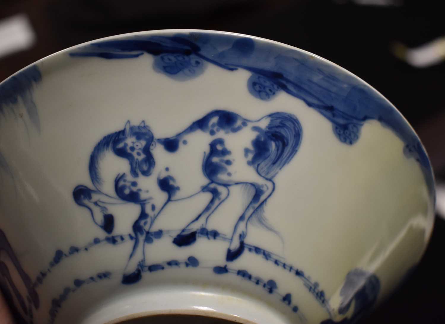 A Chinese blue and white Eight horses of Muwang conical bowl, Qing dynasty, 19.5cm diameter. - Image 9 of 15