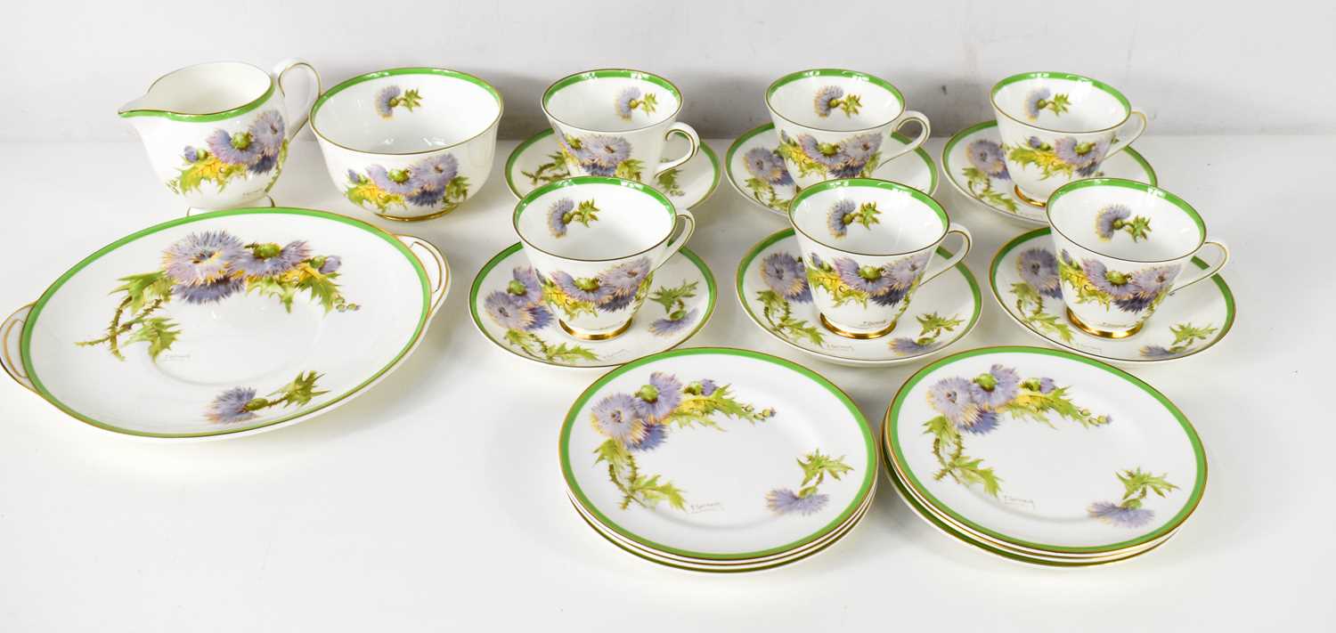 A Royal Doulton part tea service in the Glamis Thistle pattern by P Curnock, each piece signed and