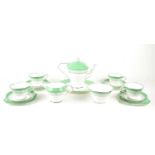 A Paragon Art Deco tea set, of typical stepped conical form, with pale green banded decoration and